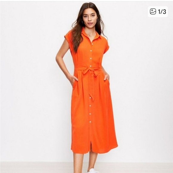 LOFT Dresses & Skirts - LOFT Orange Button Down Midi Dress with Waist Tie